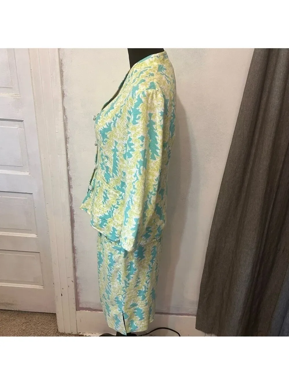 Vintage Pendleton Women’s Suit Skirt Floral Small Green Blue Linen Rayon Career